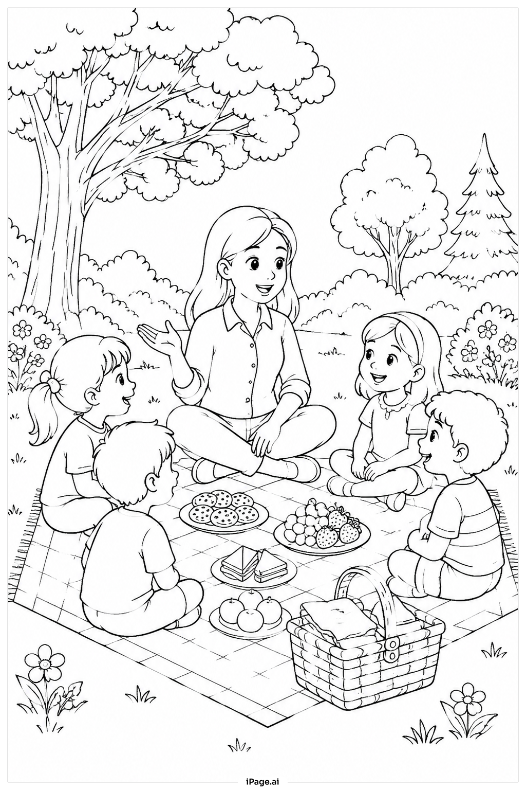  Página para colorear de Fiesta de picnic al aire libre para agradecer a los maestros 