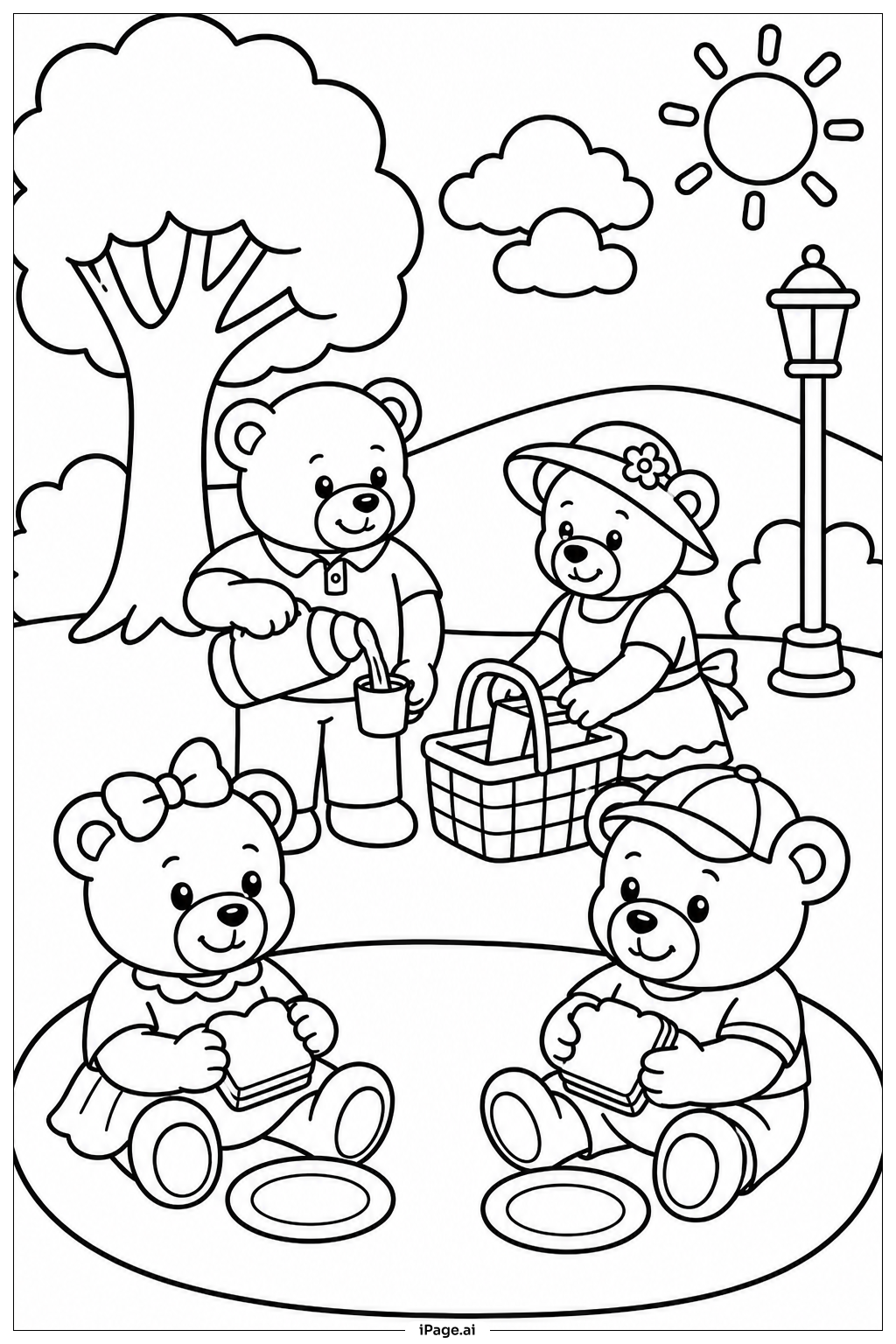 テディベアファミリーピクニックの塗り絵ページ