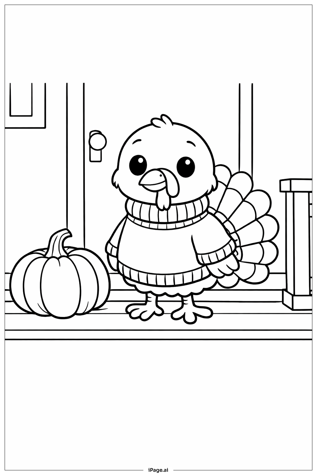  Truthahn auf der Veranda zu Erntedank Ausmalseite 