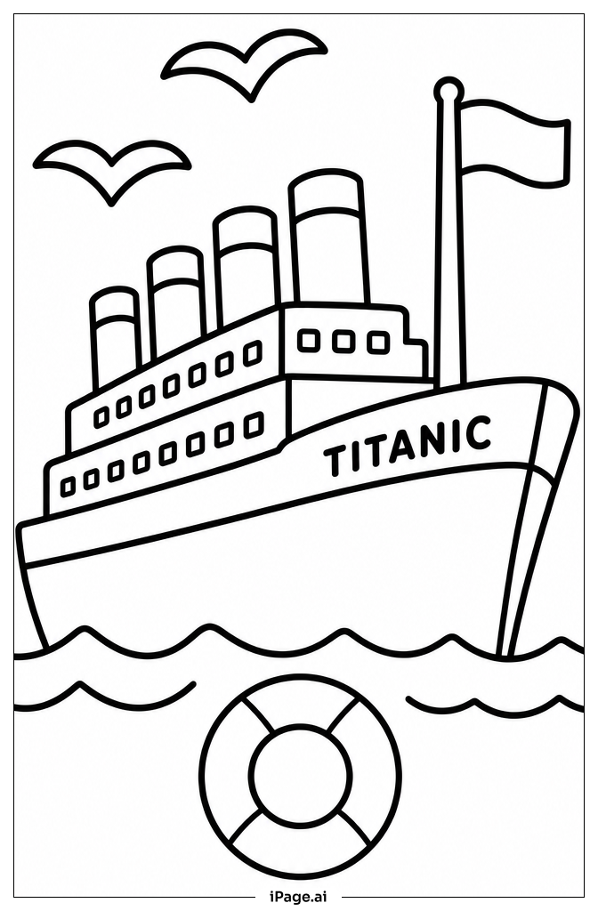  Página para colorear de Titanic con Gaviotas 