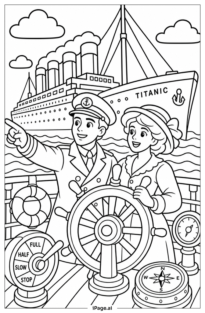 Página para colorear de Timonel del Titanic en el Timón