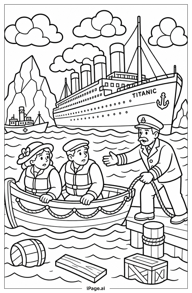  Page de coloriage Groupe de Lancement des Canots de Sauvetage du Titanic 
