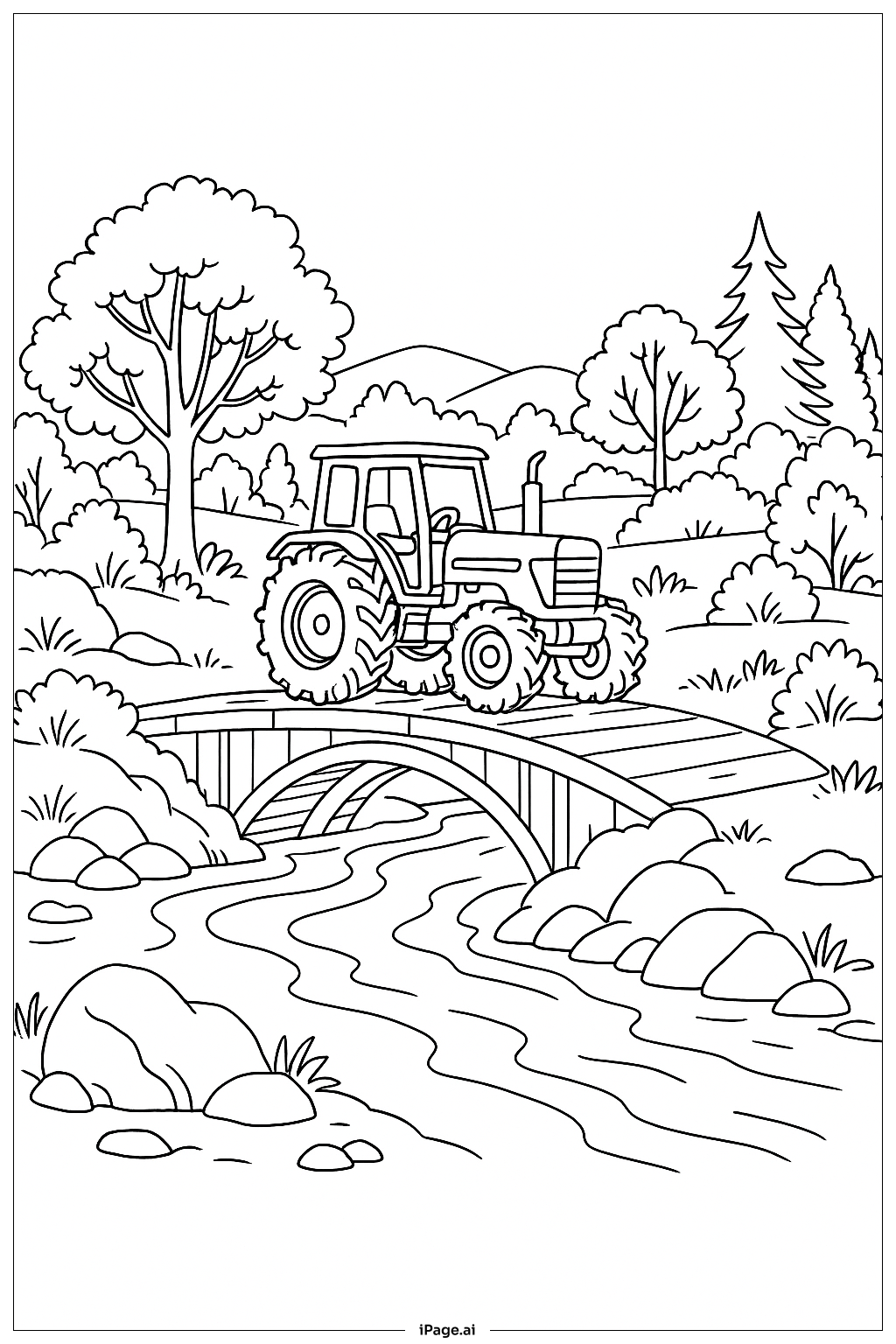  Traktor überquert Flussbrücke Ausmalseite 