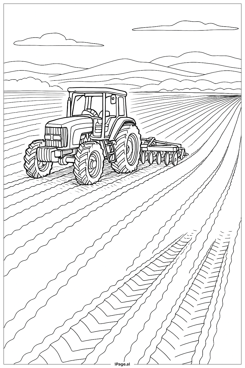  Página para colorear de Tractor arando un campo amplio 