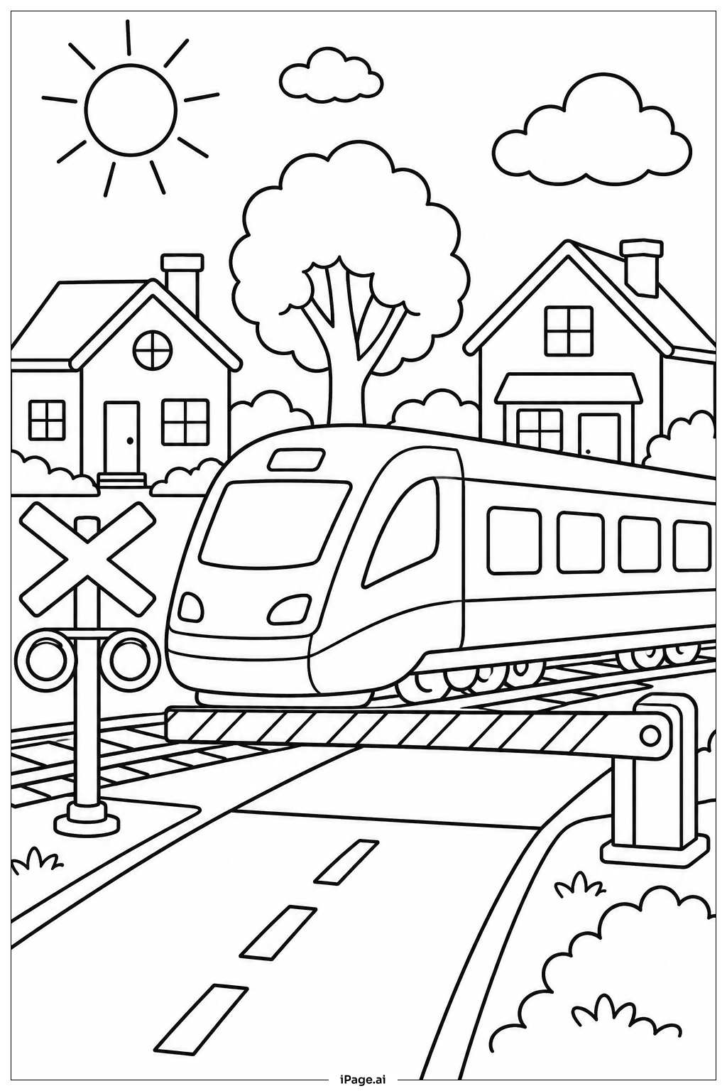 Zug an einem Bahnübergang Ausmalseite