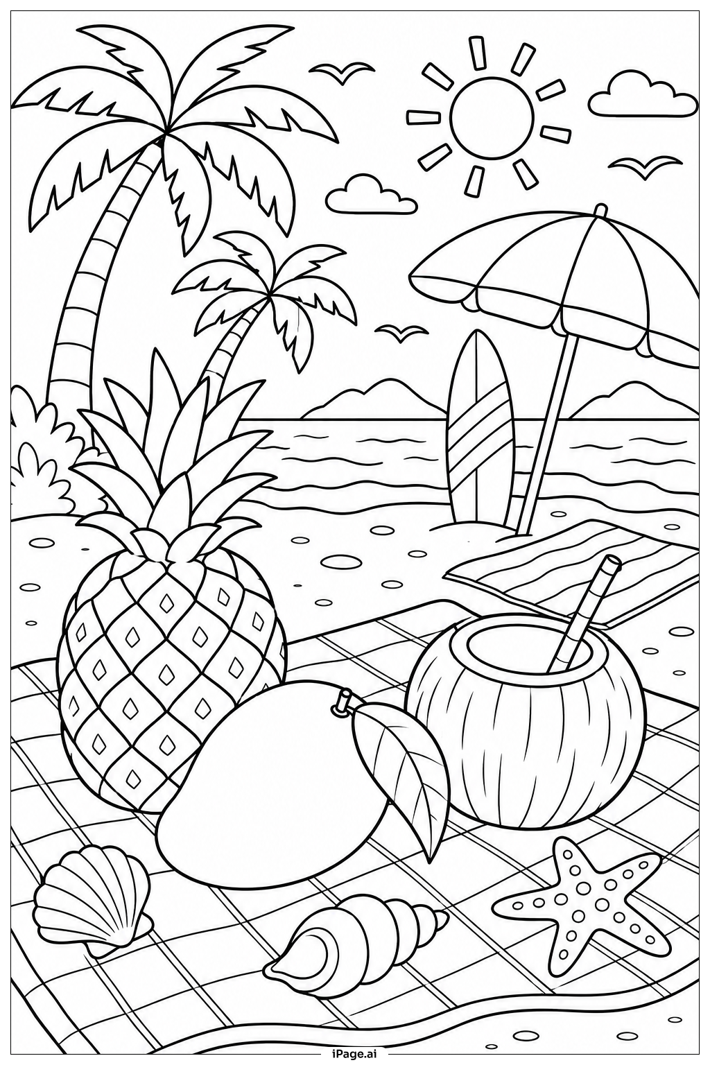 Página para colorear de Escena de Playa con Frutas Tropicales