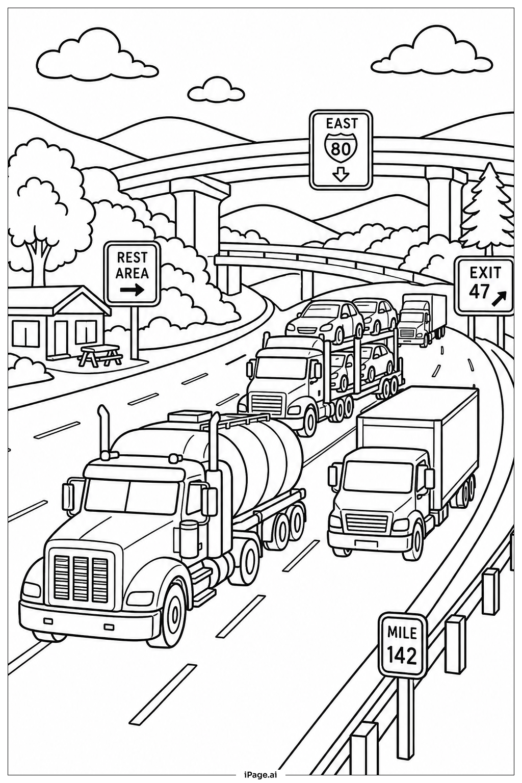 公路卡车车队填色页