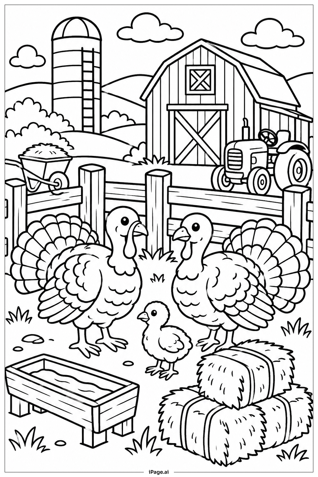  Turkey Family In Farmyard Coloring Page 