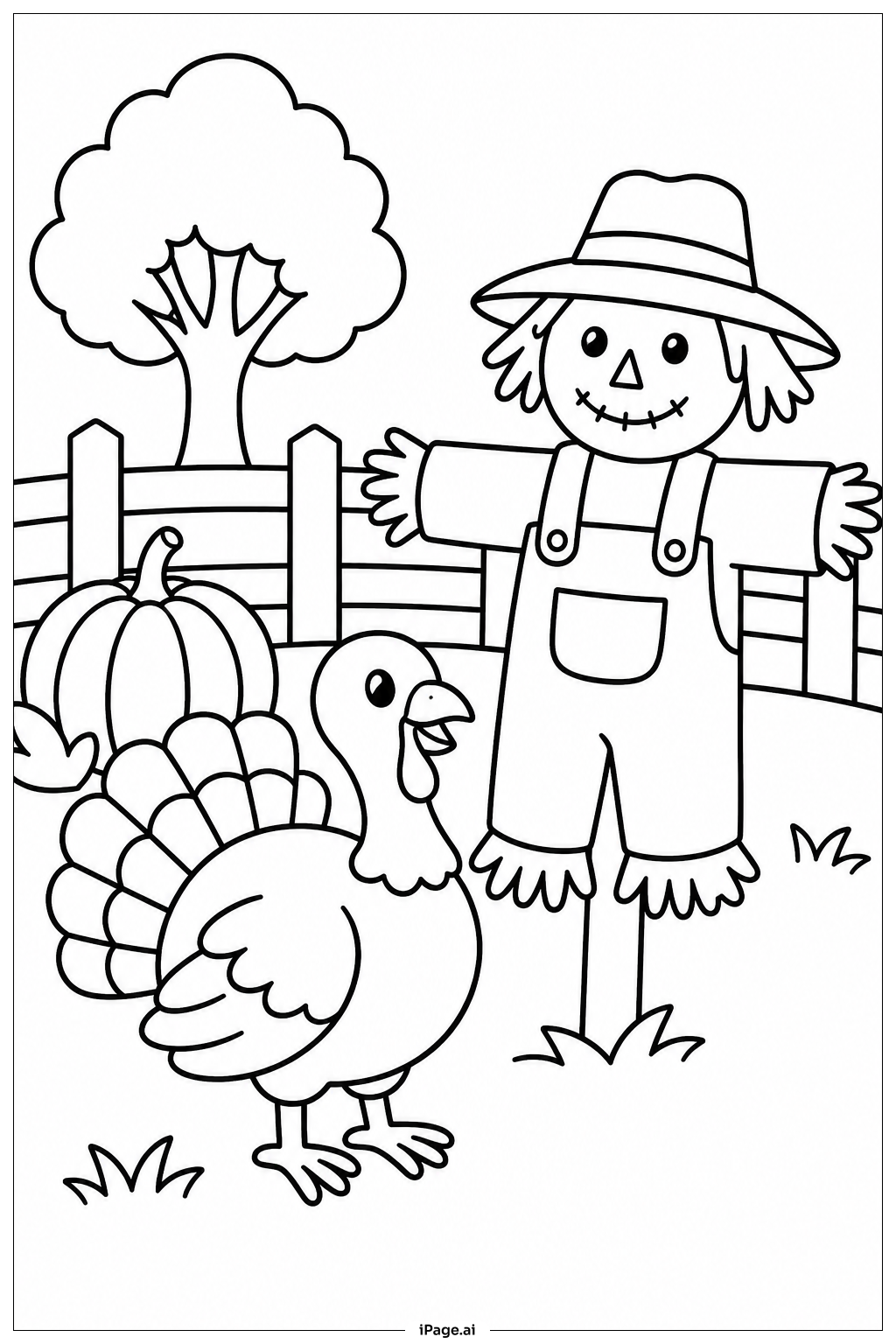  Page de coloriage Dinde avec épouvantail 