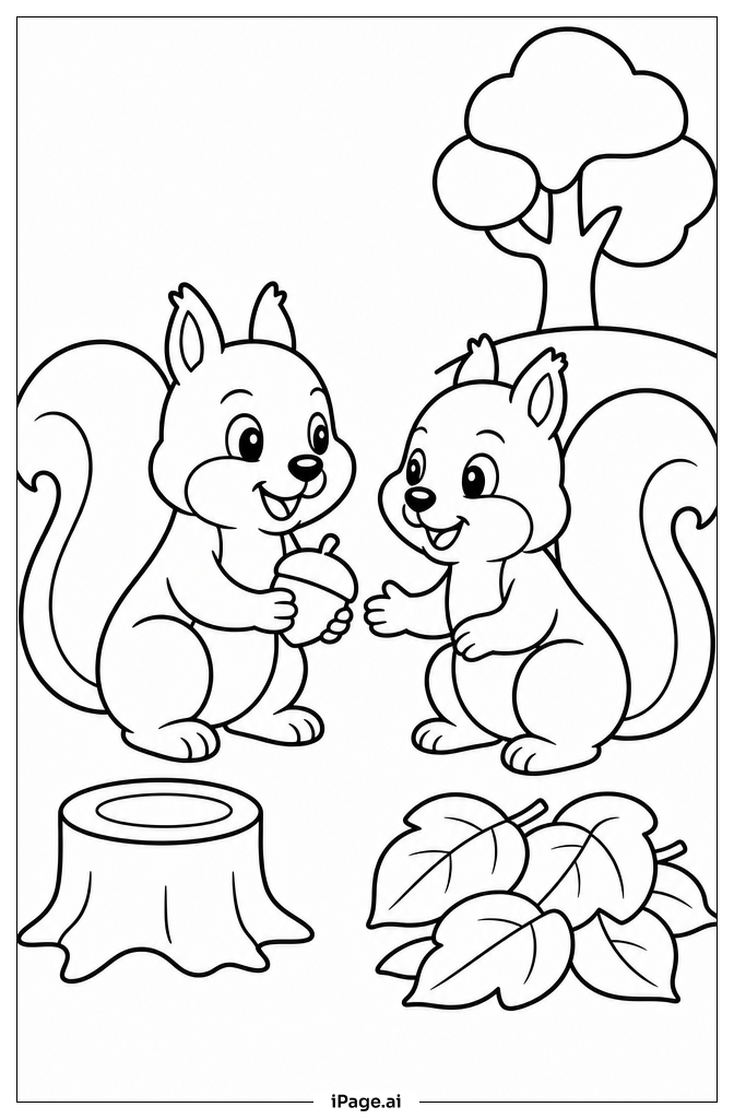 Two Squirrels Playing Coloring Page