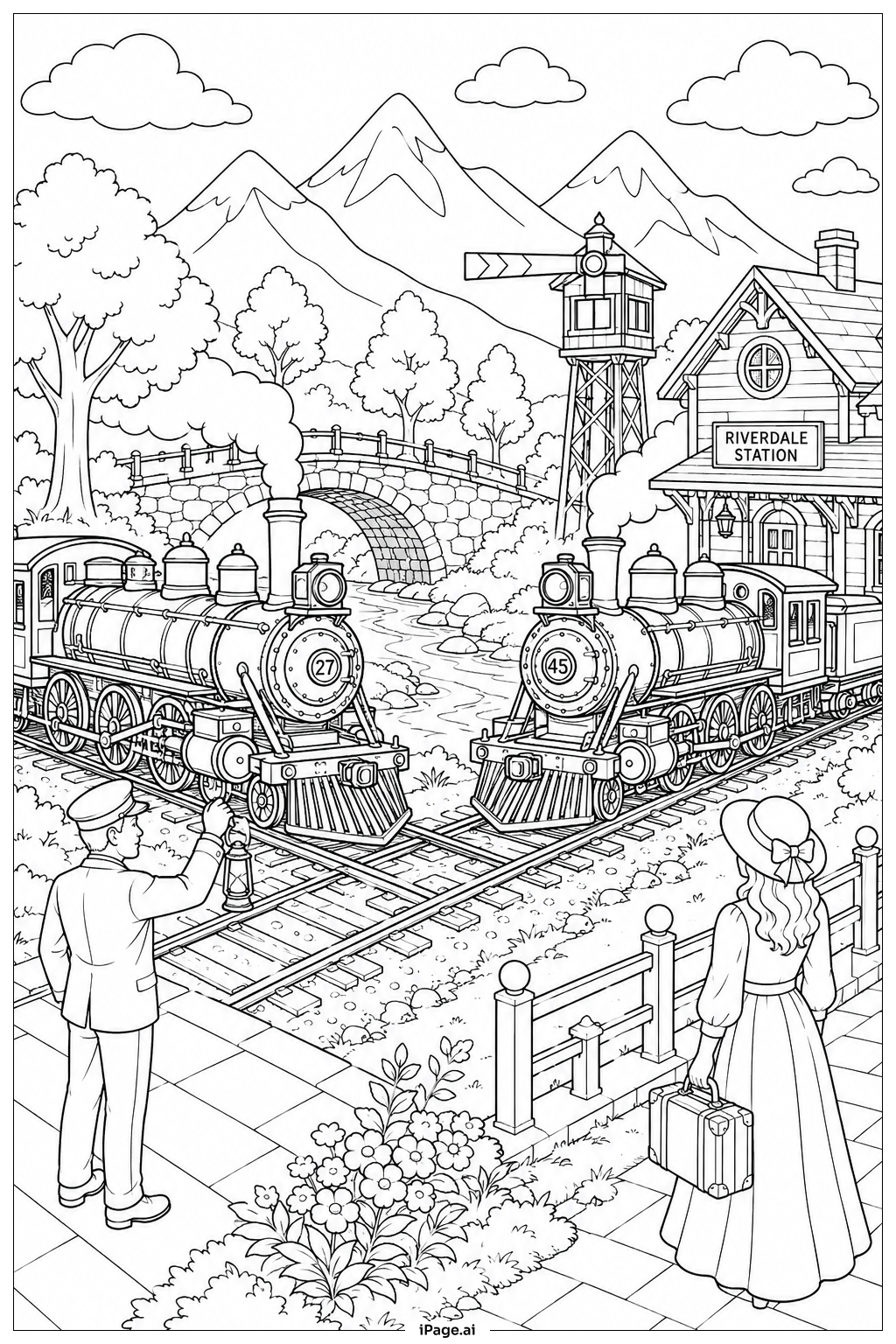 Página para colorear de Dos Trenes de Vapor Cruzándose