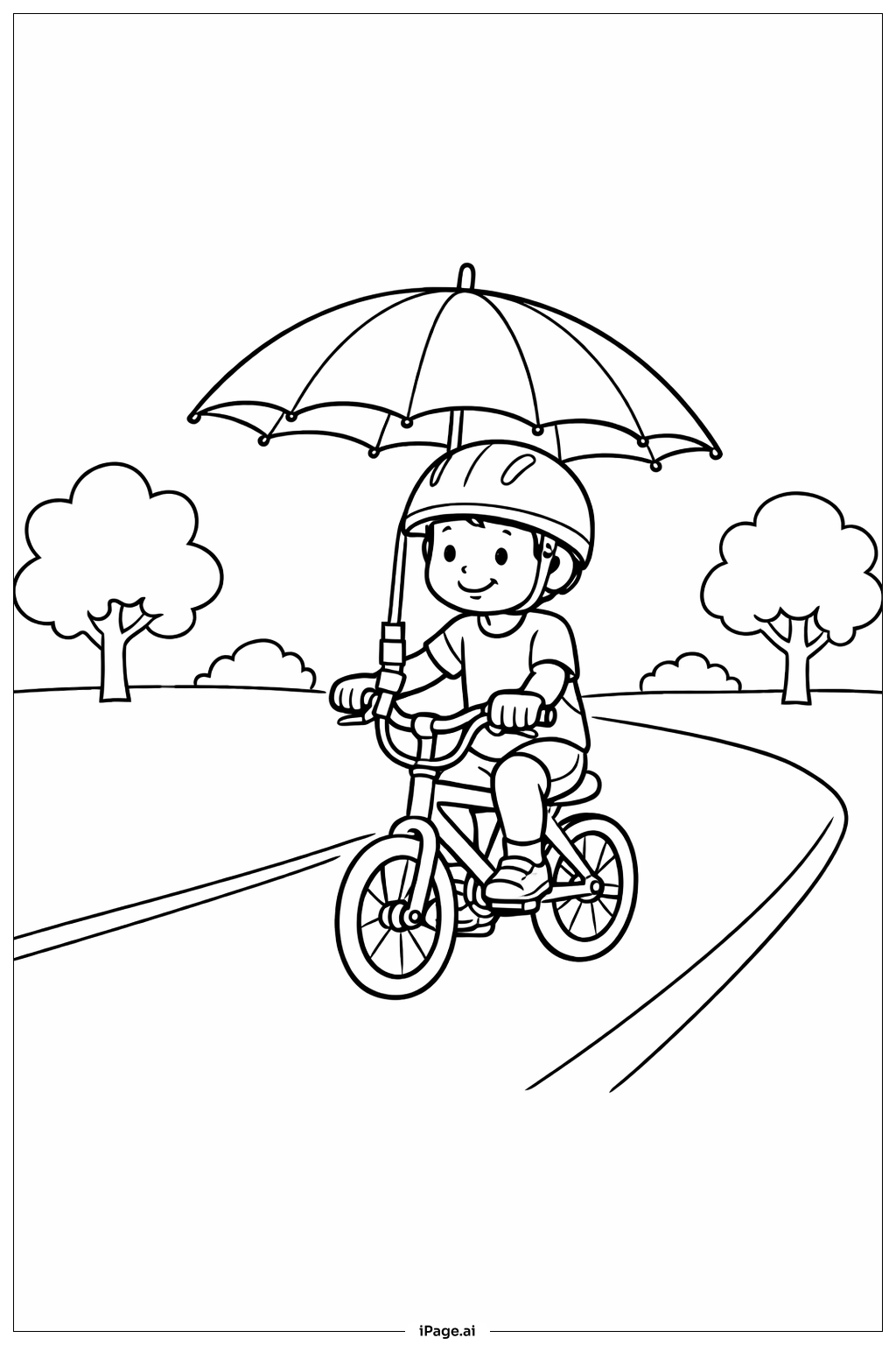  傘と自転車の乗り物の塗り絵ページ 