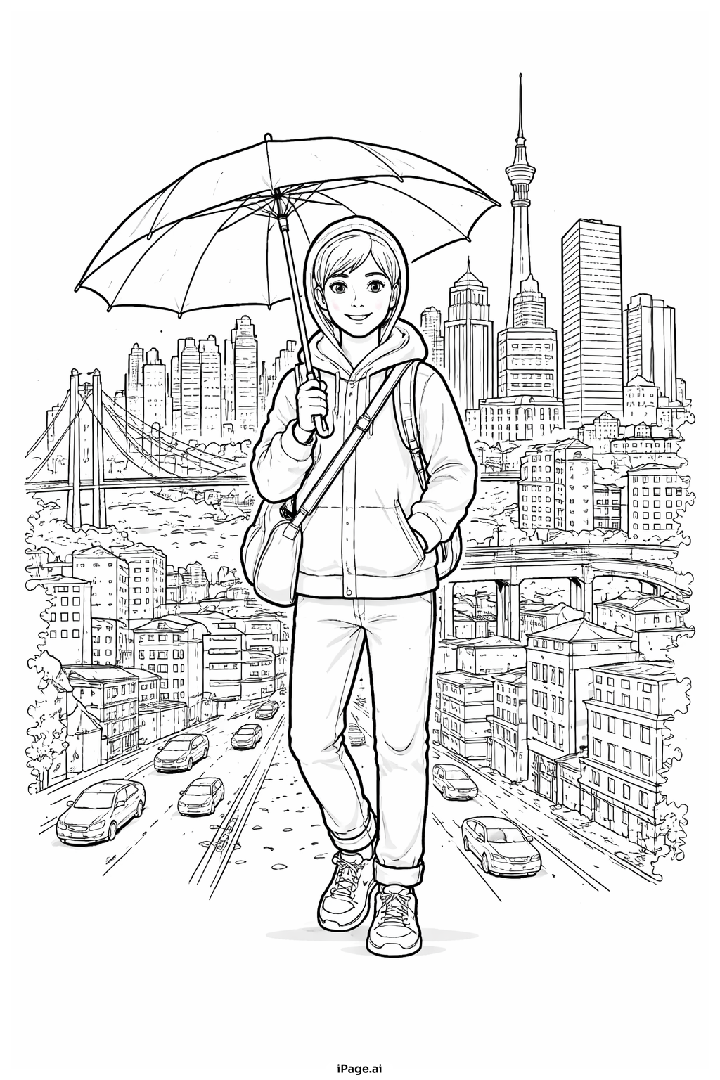  Página para colorear de Paraguas y el Horizonte de la Ciudad 