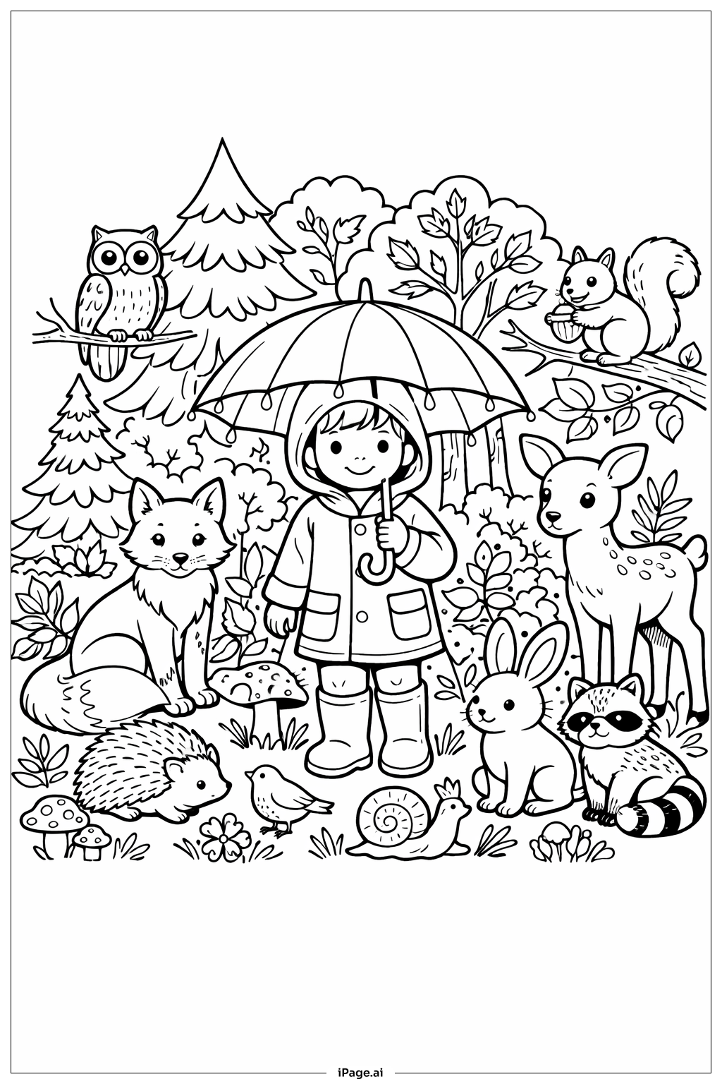  Umbrella and Forest Creatures Coloring Page 