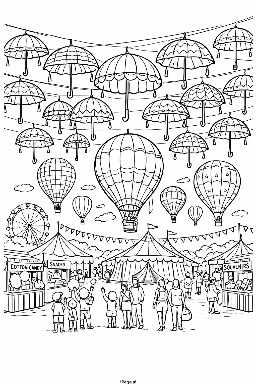  Página para colorear de Feria de Globos Aerostáticos con Paraguas 
