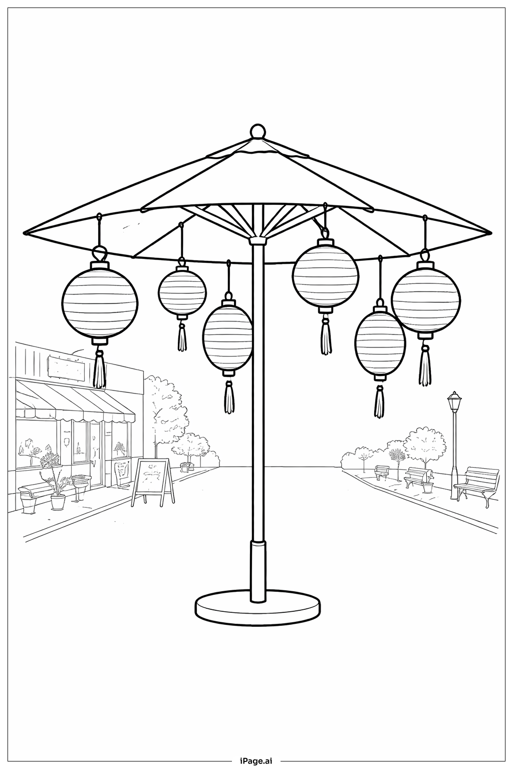 Página para colorir de Lanternas Noturnas com Guarda-chuva 
