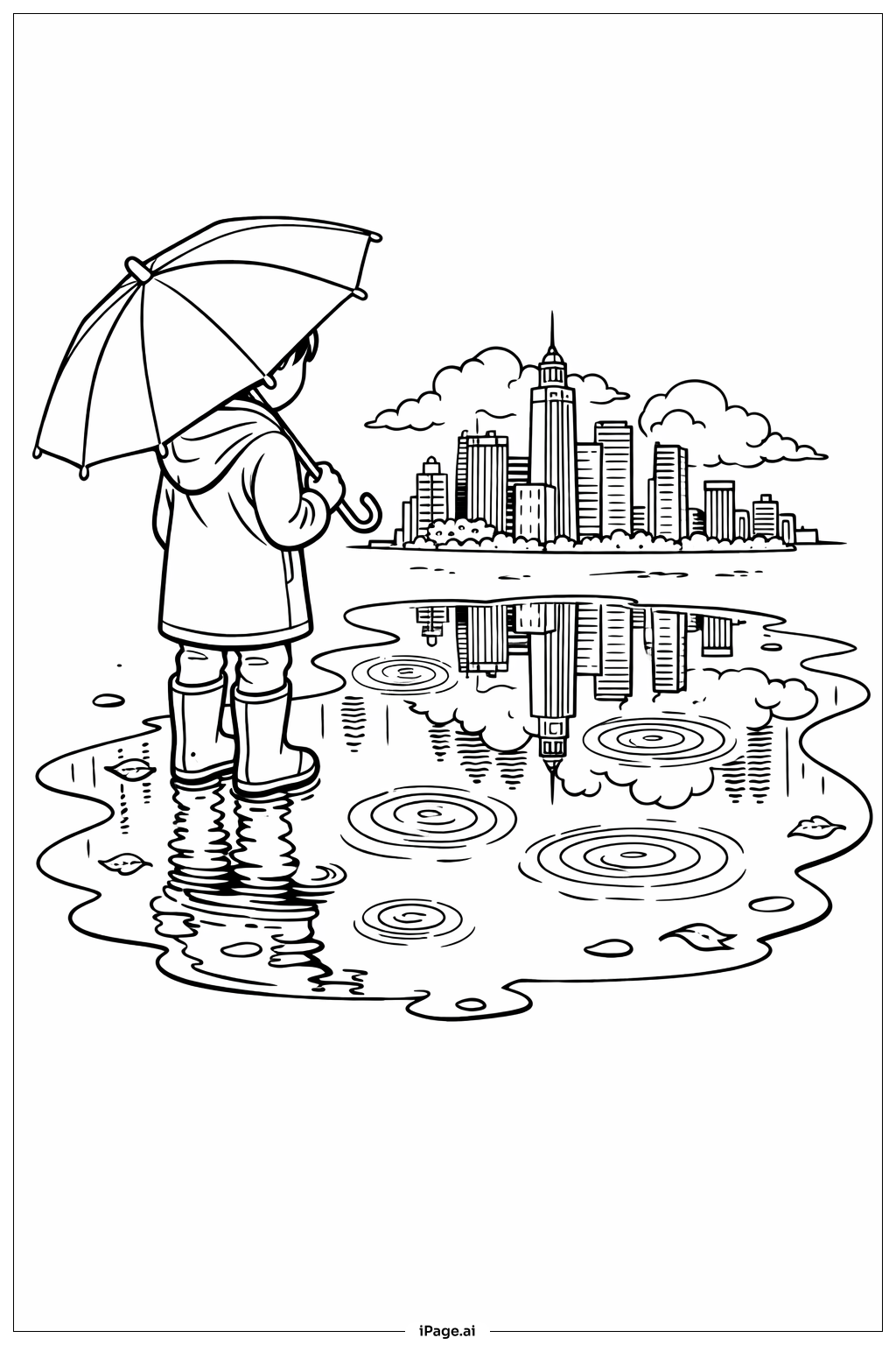  Página para colorir de Reflexo da Cidade Chuvosa com Guarda-chuva 