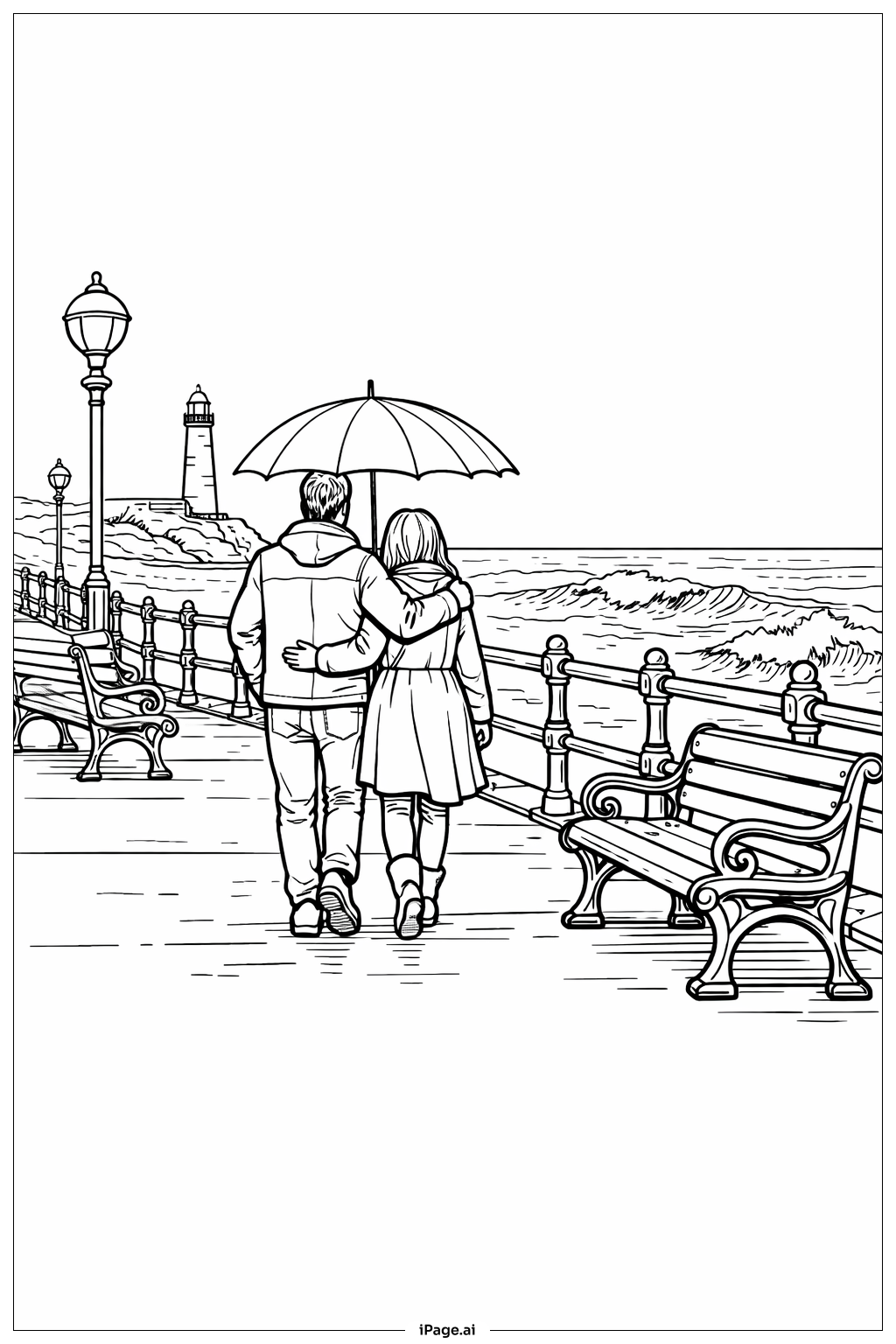  Página para colorir de Calçadão à Beira-Mar com Guarda-Chuva 