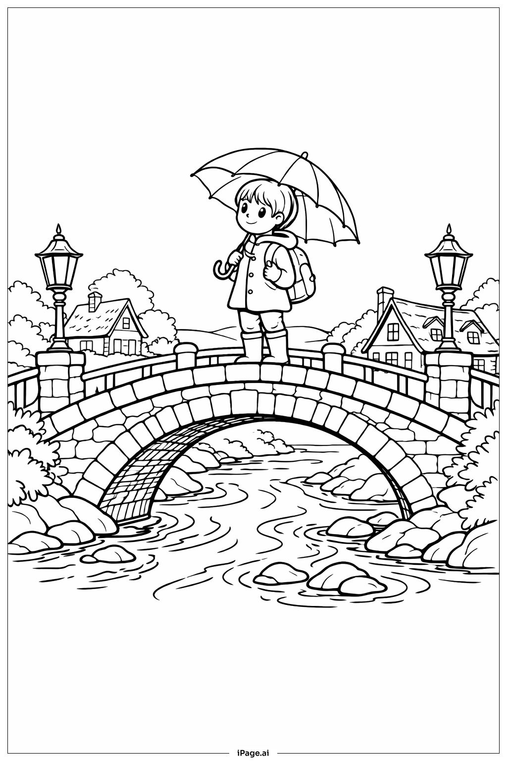  Página para colorear de Puente del Libro de Cuentos con Paraguas 