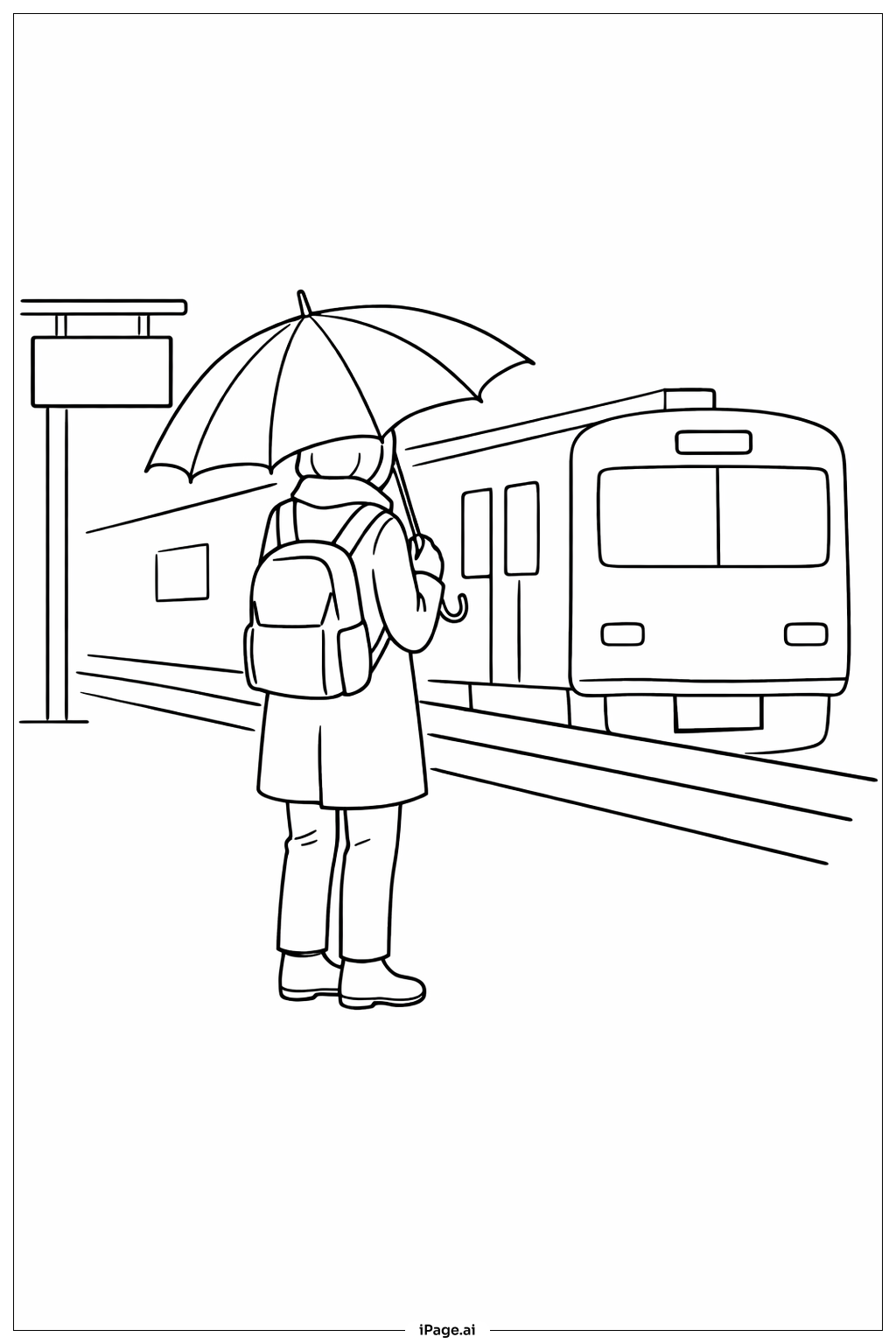  Página para colorir de Plataforma de Trem com Guarda-Chuva 