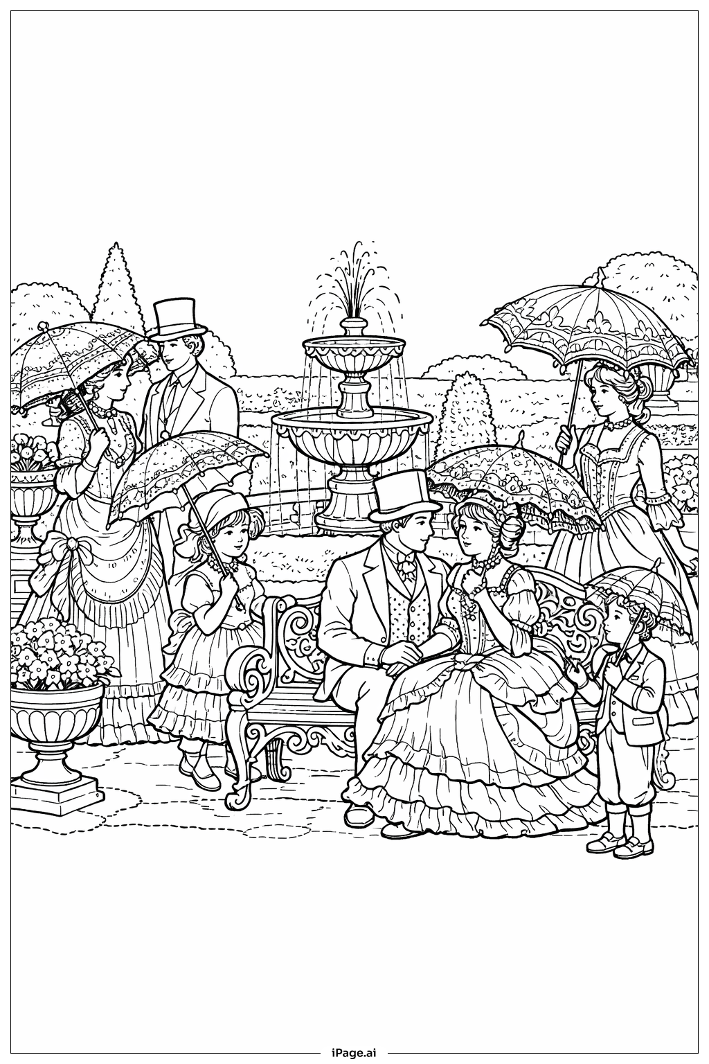 Página para colorear de Fiesta Victoriana en el Jardín con Paraguas 