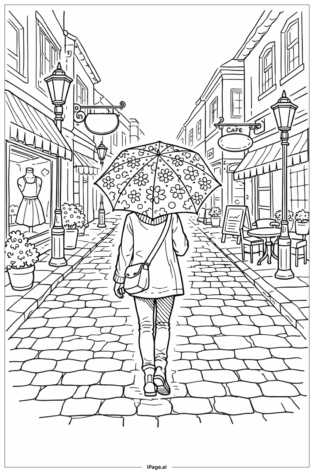  Página para colorir de Cena de Rua Vintage com Guarda-chuva 