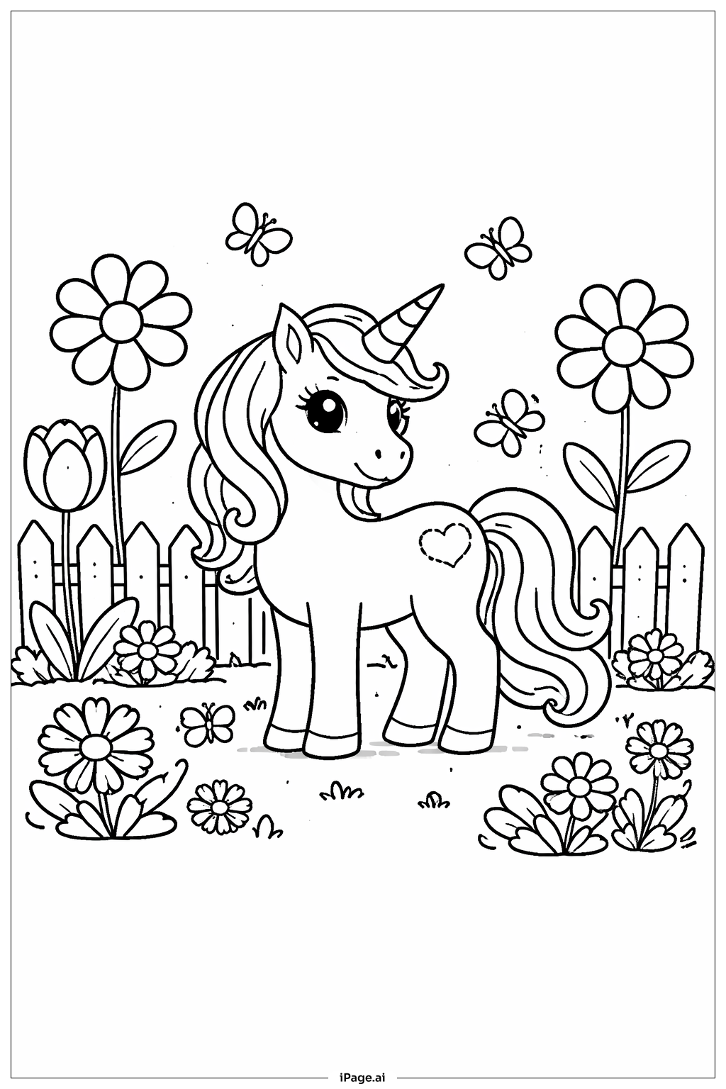 Unicorn In Flower Garden Coloring Page