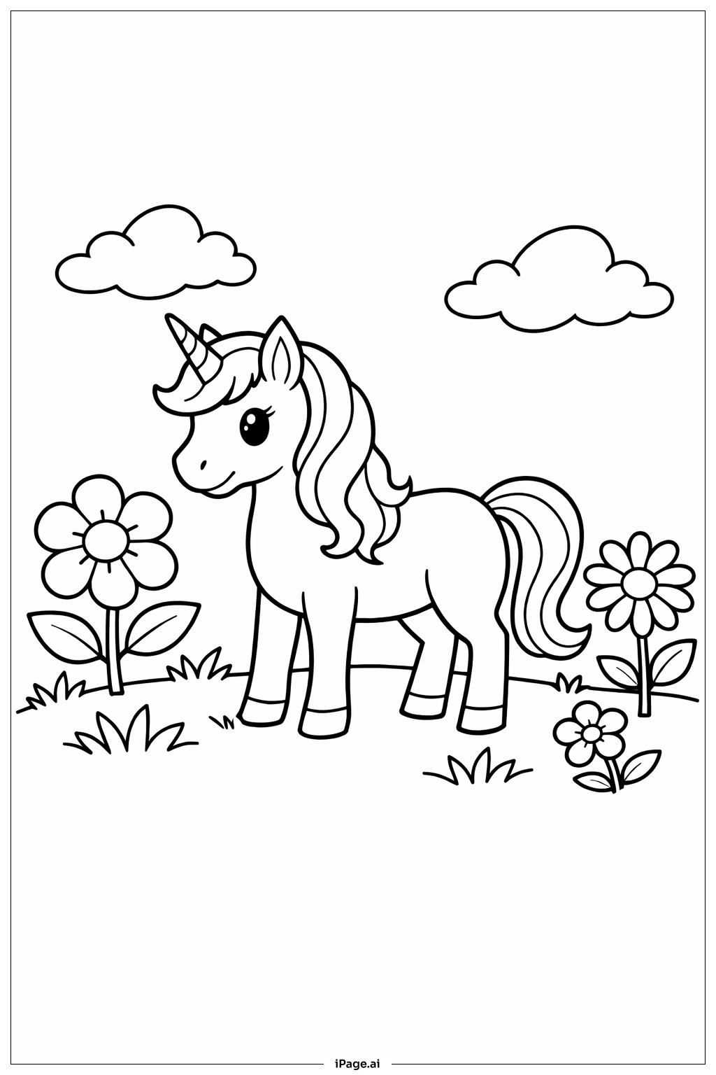 Unicorn In Meadow Coloring Page