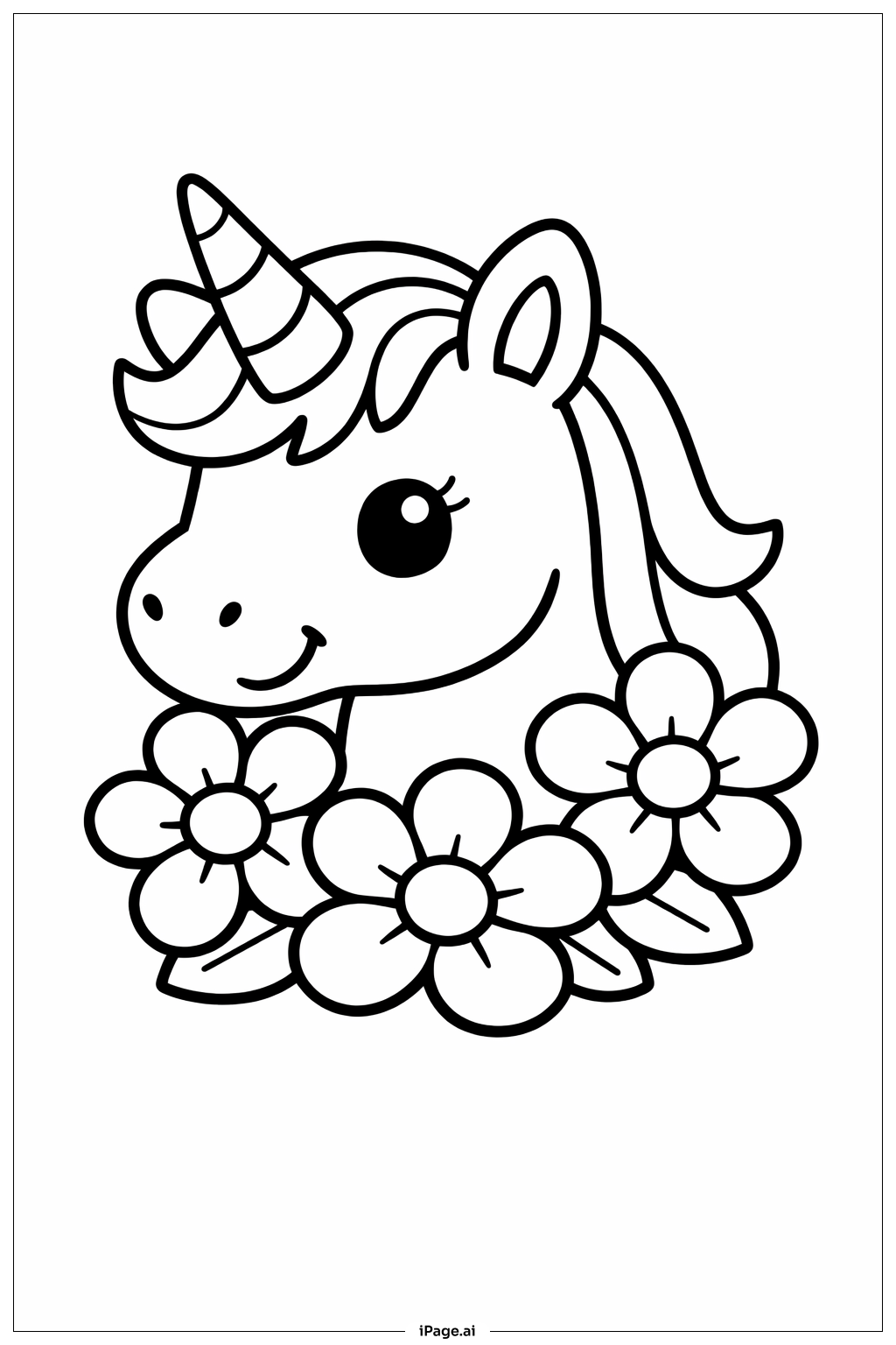 Unicorn Smiling With Flowers Coloring Page