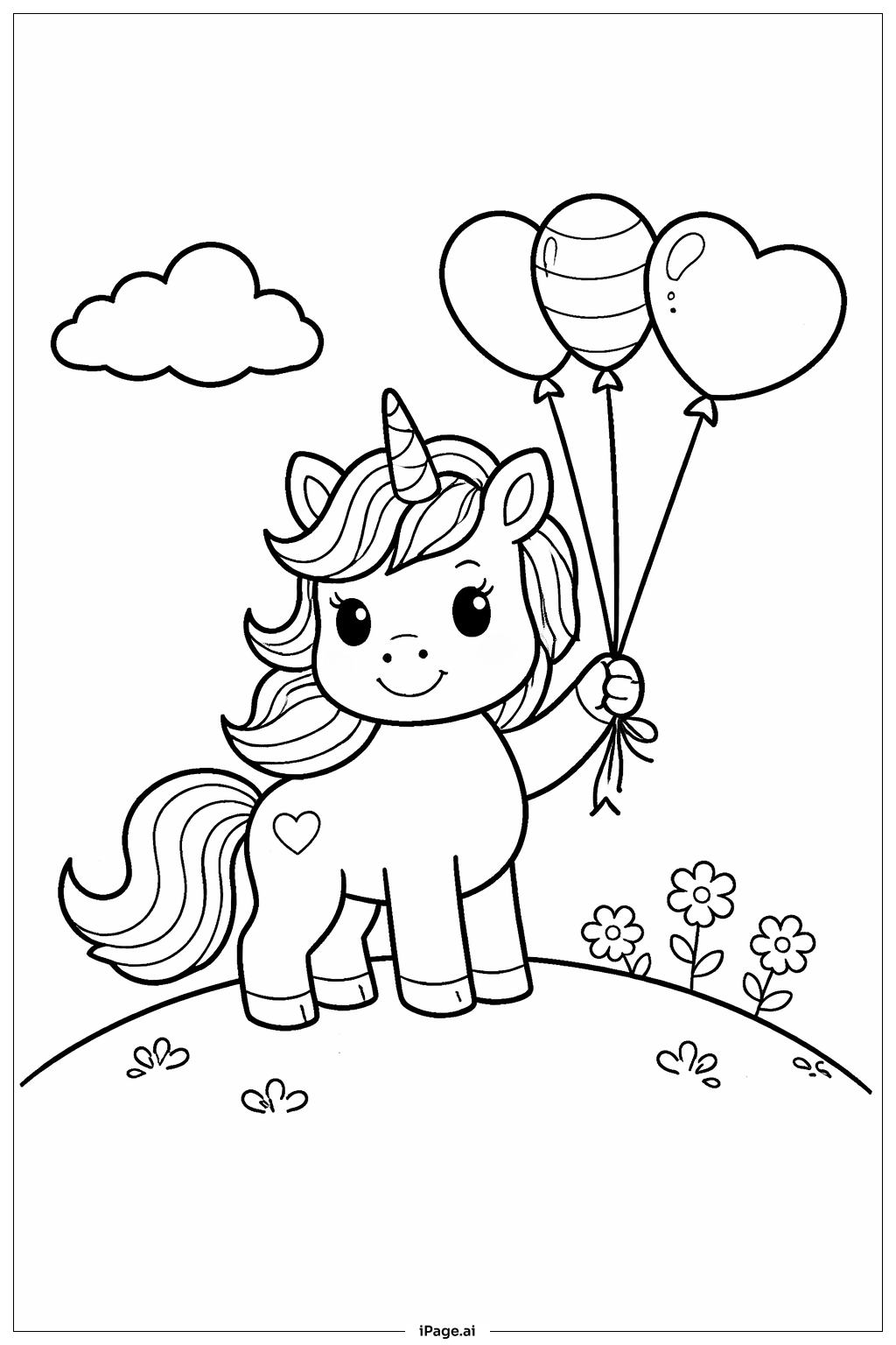 Unicorn With Balloon Bouquet Coloring Page