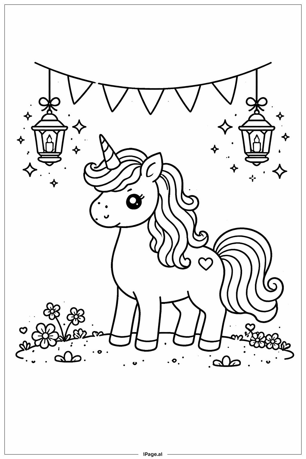 Unicorn With Lanterns Coloring Page