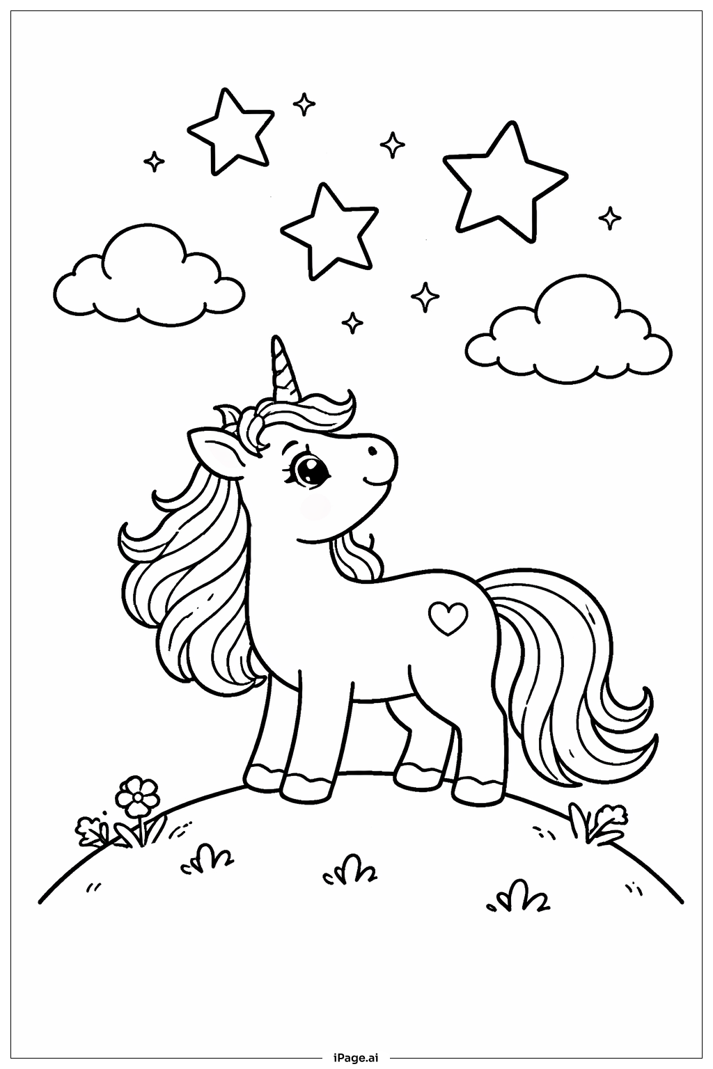 Unicorn With Stars Coloring Page