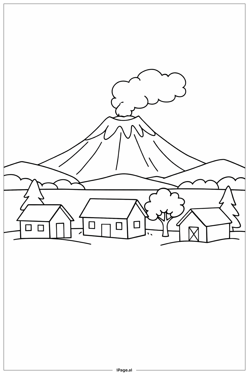  火山与小村庄填色页 