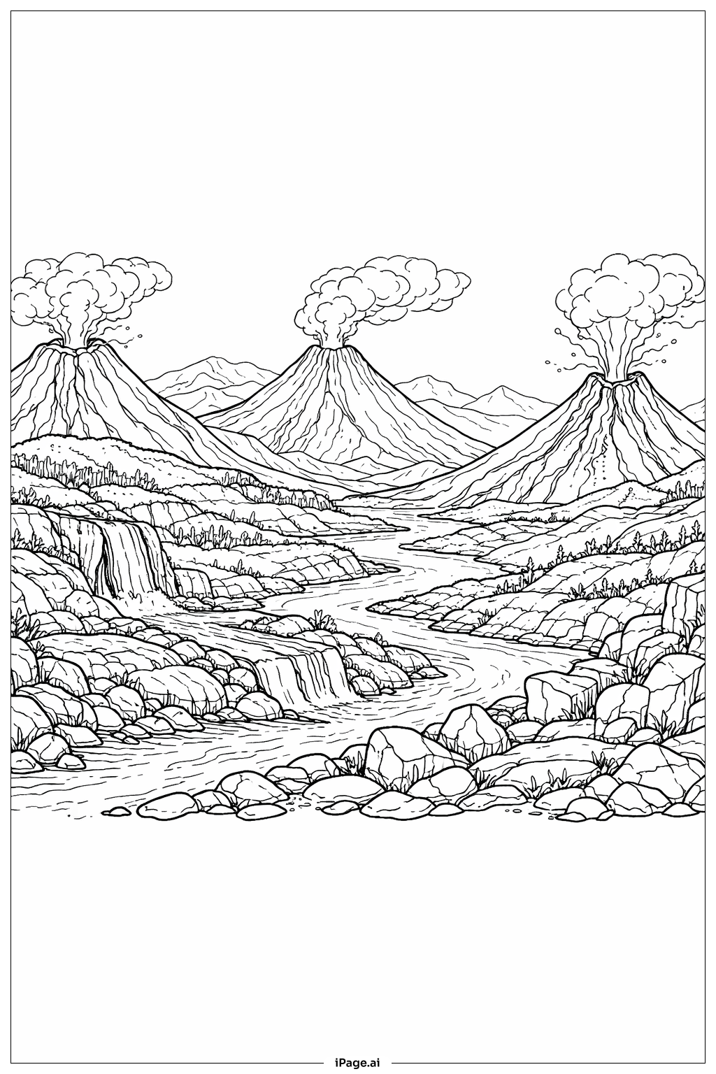  화산 경치 파노라마 색칠공부 페이지 