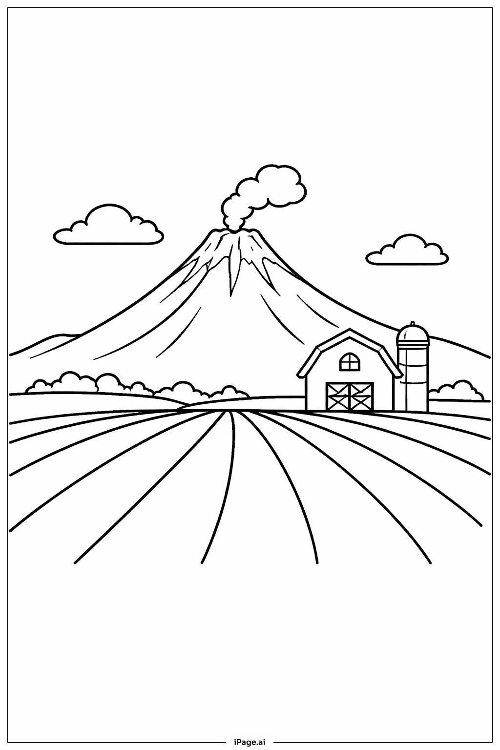  Page de coloriage Volcan avec champ agricole 