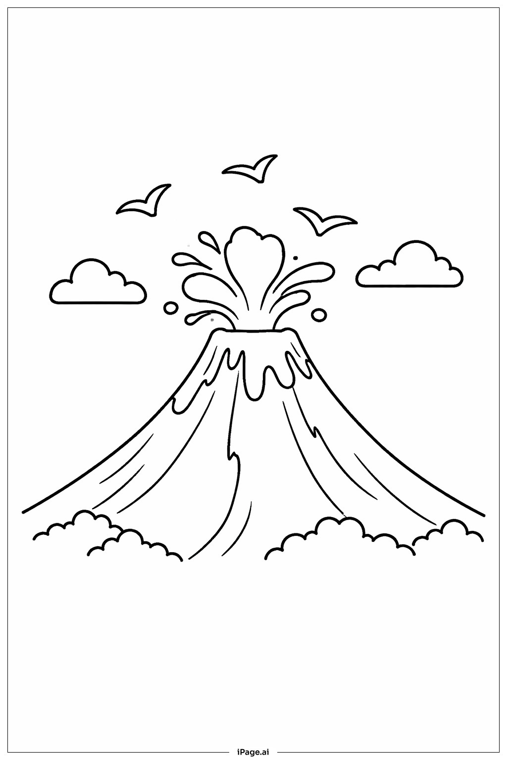  Page de coloriage Volcan avec oiseaux en vol 