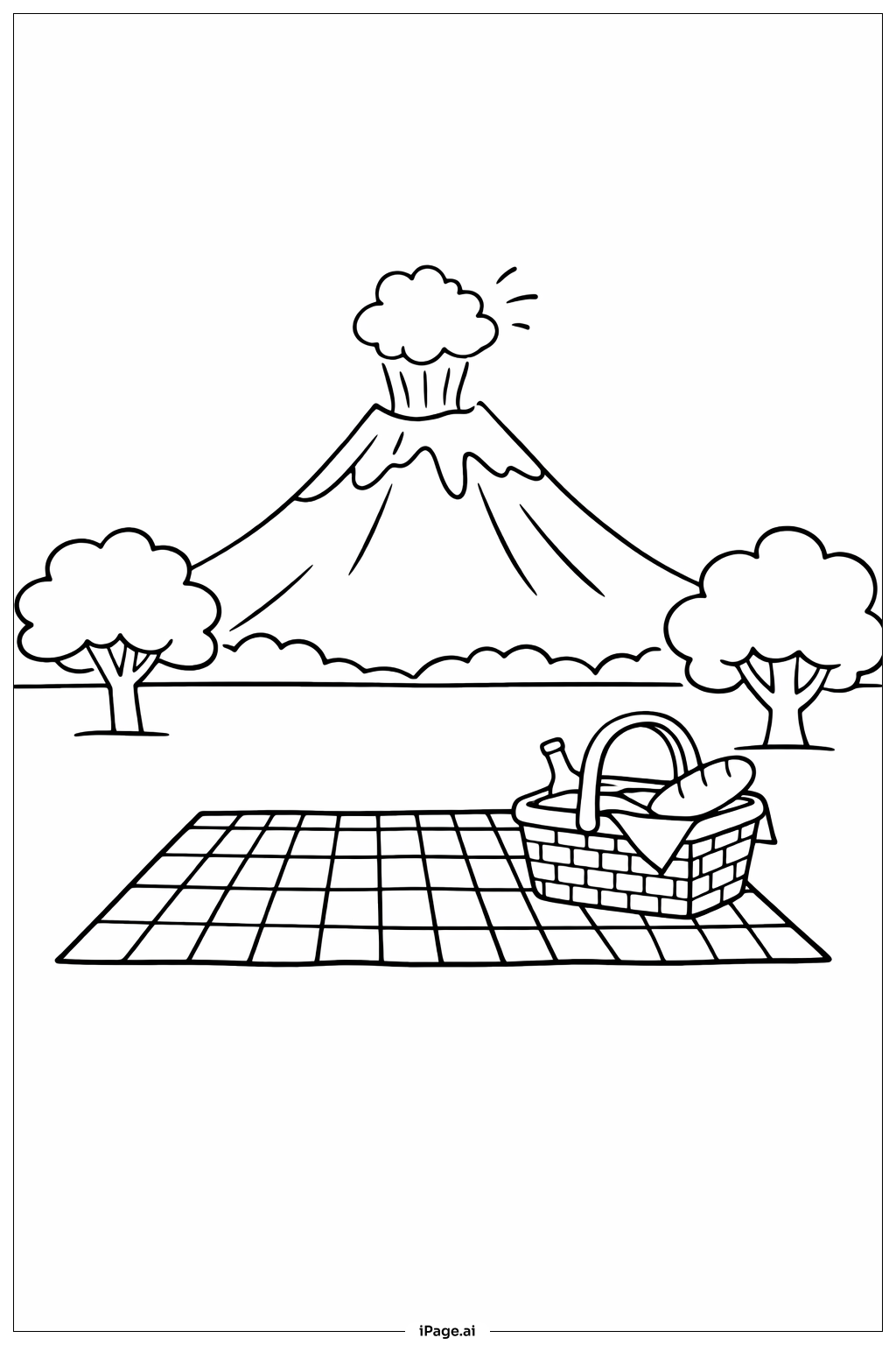  Volcano with Picnic Scene Coloring Page 
