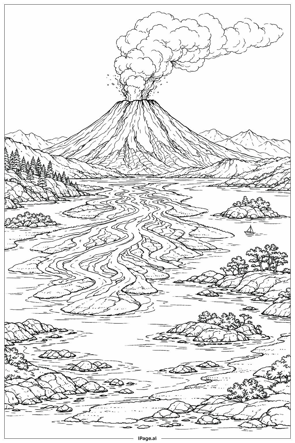  Volcano with River Delta Coloring Page 
