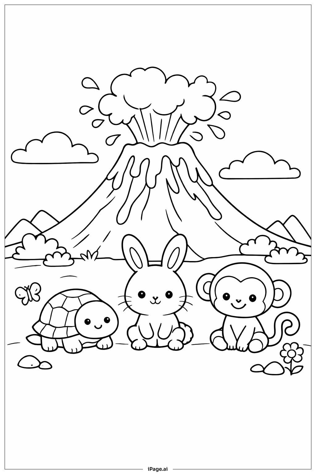  Page de coloriage Volcan avec petits animaux 