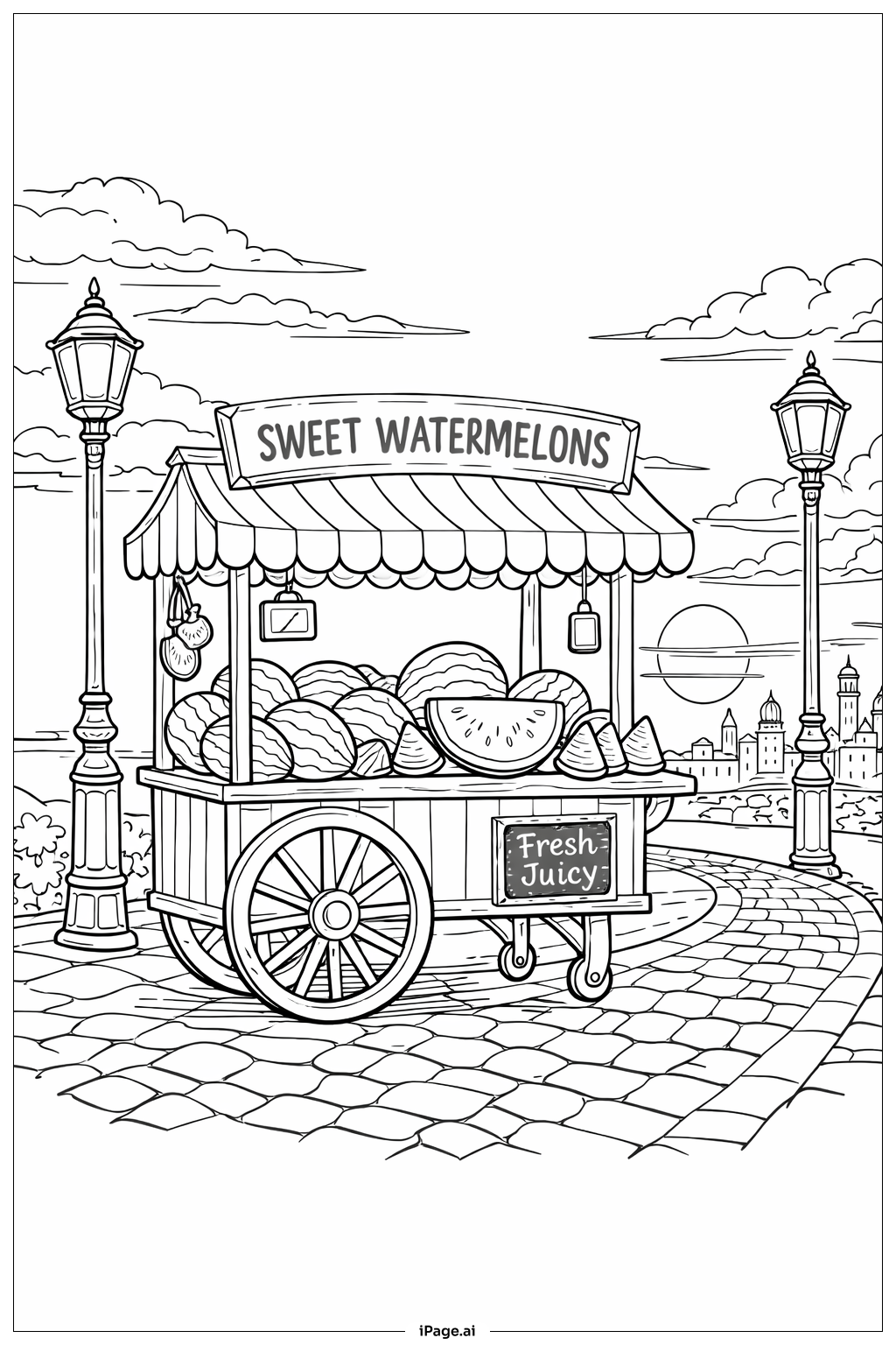  Watermelon Cart At Sunset Coloring Page 