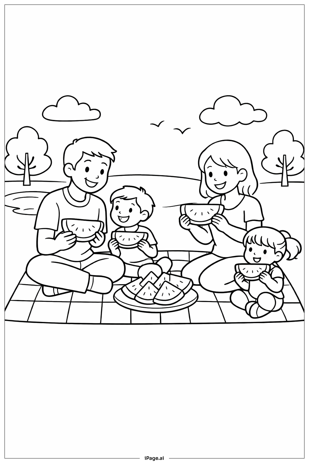  西瓜一家人的野餐著色頁 