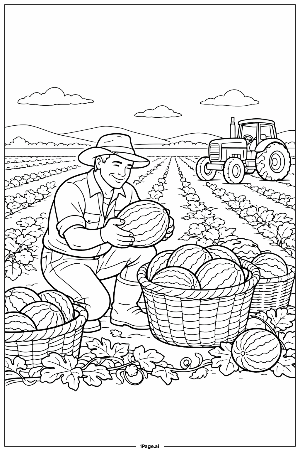  Página para colorear de Agricultor de sandías cosechando frutas 