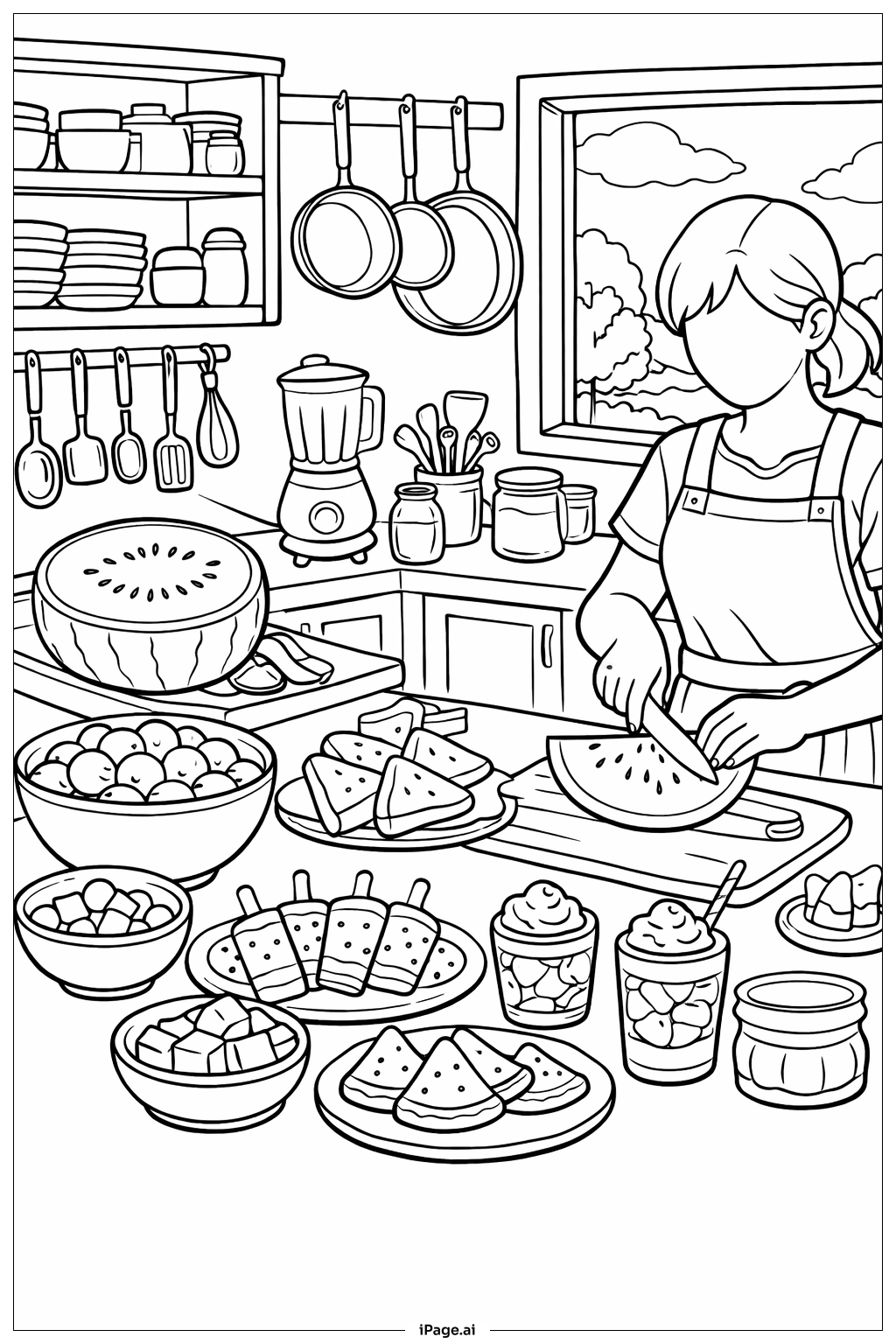  Watermelon Kitchen Baking Scene Coloring Page 
