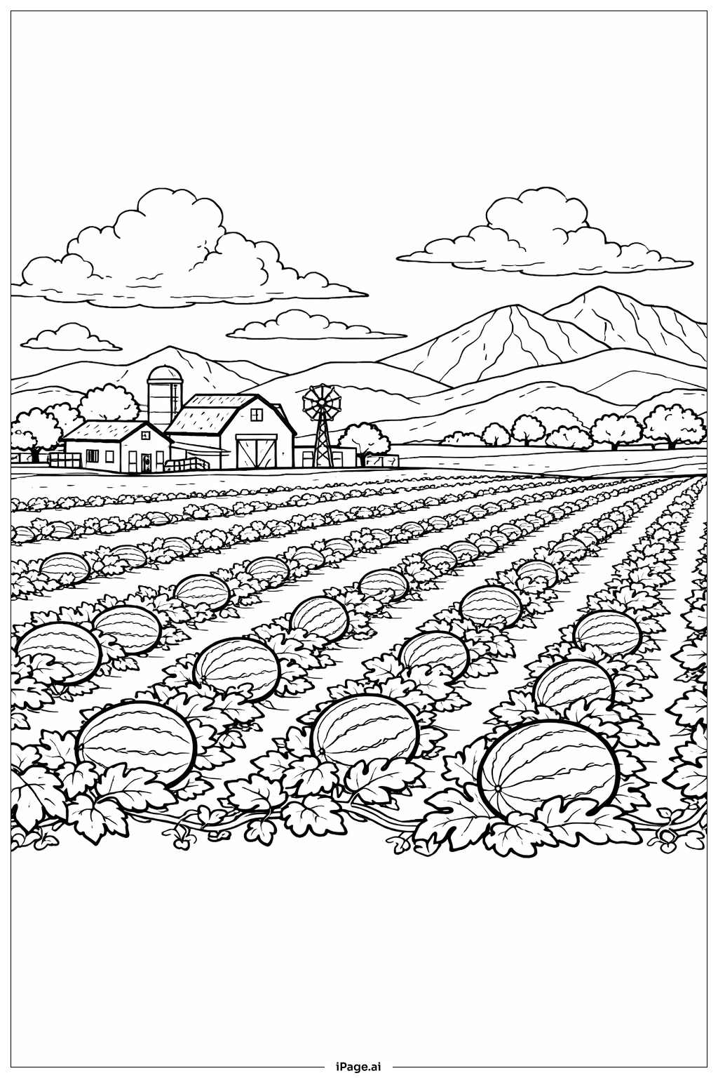  スイカ果樹園の風景の塗り絵ページ 