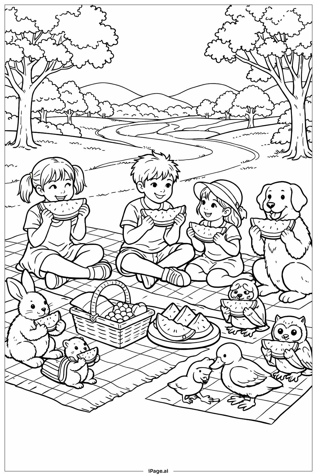  Página para colorear de Picnic de Sandía con Animales 