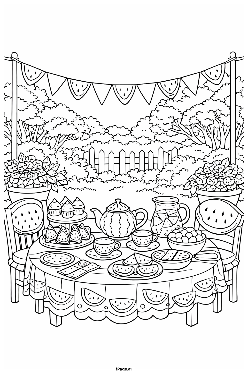  Watermelon Tea Party Setting Coloring Page 