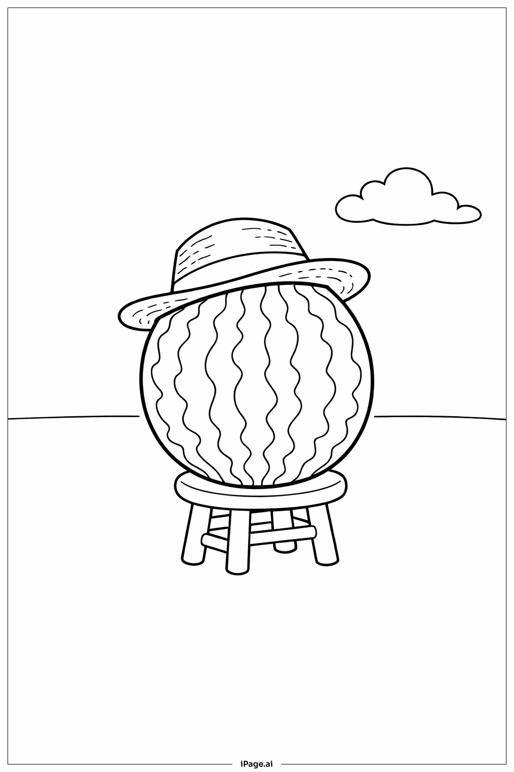  Page de coloriage Pastèque avec chapeau de paille 