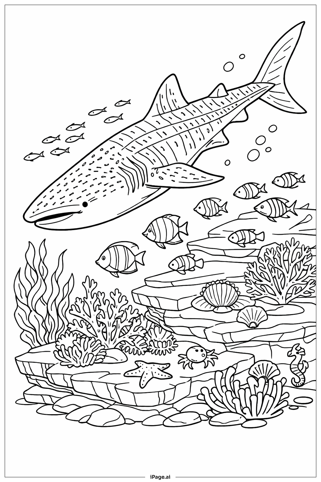 Página para colorir de Cena de Mergulho Profundo com Tubarão-Baleia