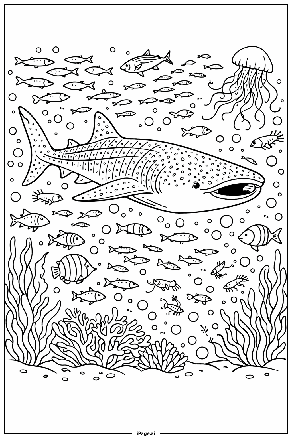  ジンベエザメの餌取り大騒ぎの塗り絵ページ 