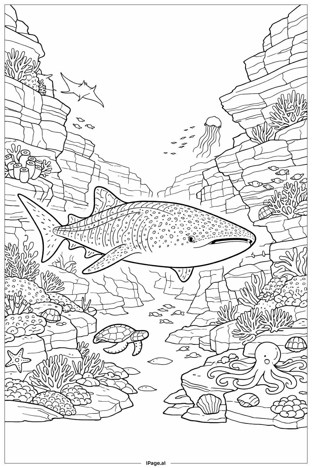 Page de coloriage Requin-baleine dans un canyon sous-marin